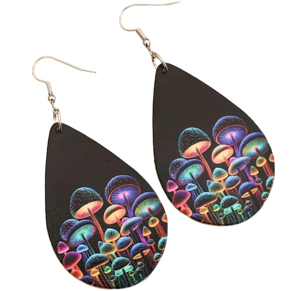Fluorescent Colorful Mushroom and Black Teardrop Leather Earrings